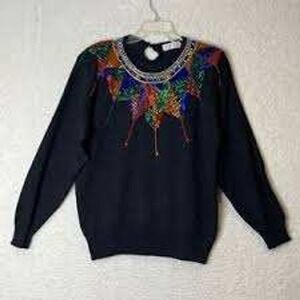 Lindsey Blake Beaded Sweater Womens Large Black Vintage Geometric Sequin Knit